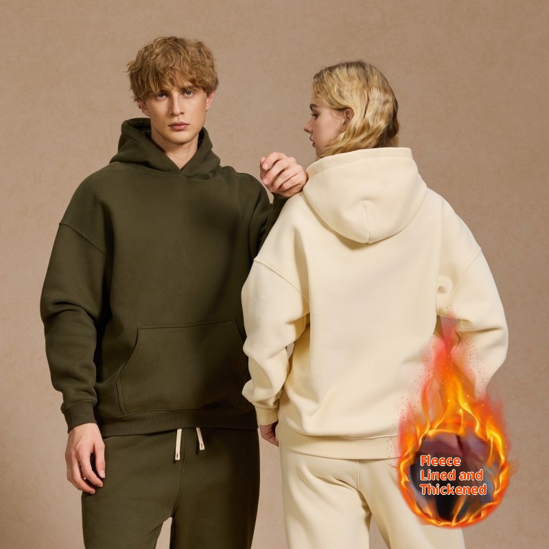 Erkek Çocuk Giyim 350g Sonbahar Kış Amerikan Tarzı Düz Renk Günlük Kalınlaştırılmış Kapüşonlu Bol Büyük Beden Polar Astarlı Kapüşonlu_voghion.com