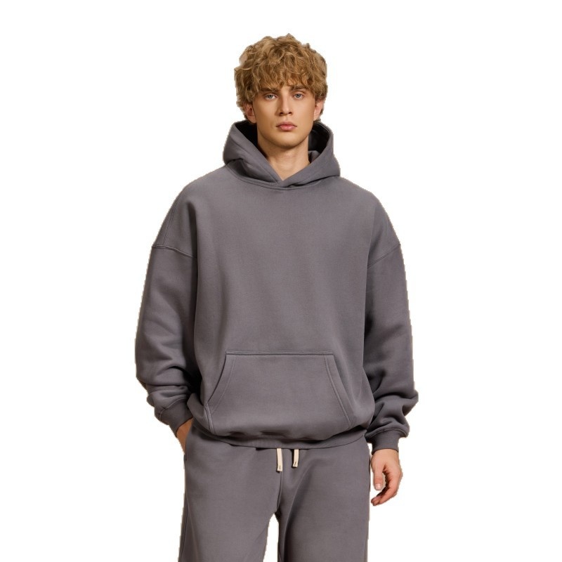 Erkek Çocuk Giyim 350g Sonbahar Kış Amerikan Tarzı Düz Renk Günlük Kalınlaştırılmış Kapüşonlu Bol Büyük Beden Polar Astarlı Kapüşonlu_voghion.com