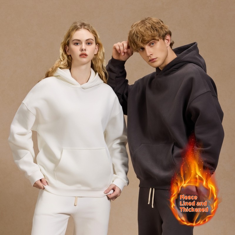 Erkek Çocuk Giyim 350g Sonbahar Kış Amerikan Tarzı Düz Renk Günlük Kalınlaştırılmış Kapüşonlu Bol Büyük Beden Polar Astarlı Kapüşonlu_voghion.com