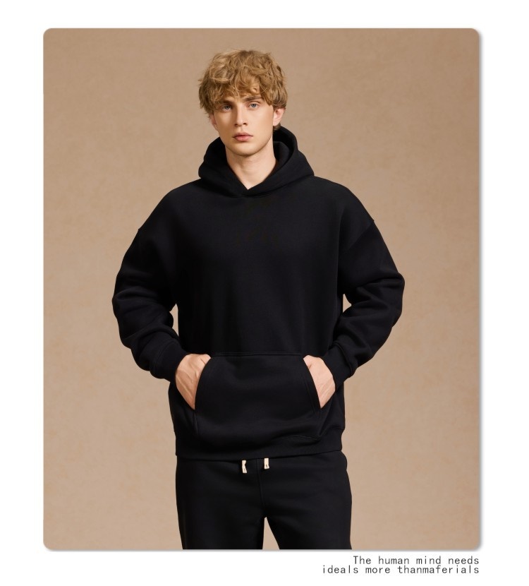 Erkek Çocuk Giyim 350g Sonbahar Kış Amerikan Tarzı Düz Renk Günlük Kalınlaştırılmış Kapüşonlu Bol Büyük Beden Polar Astarlı Kapüşonlu_voghion.com