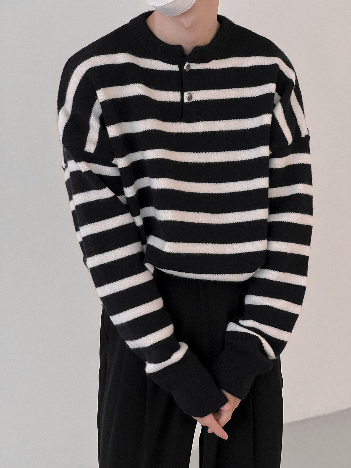 boy Boy Boy Boy Textured Japanese-Style Striped Sweater For Men With Buttons, Round Neck, Autumn Winter Casual Knitwear, Korean Version,_voghion.com