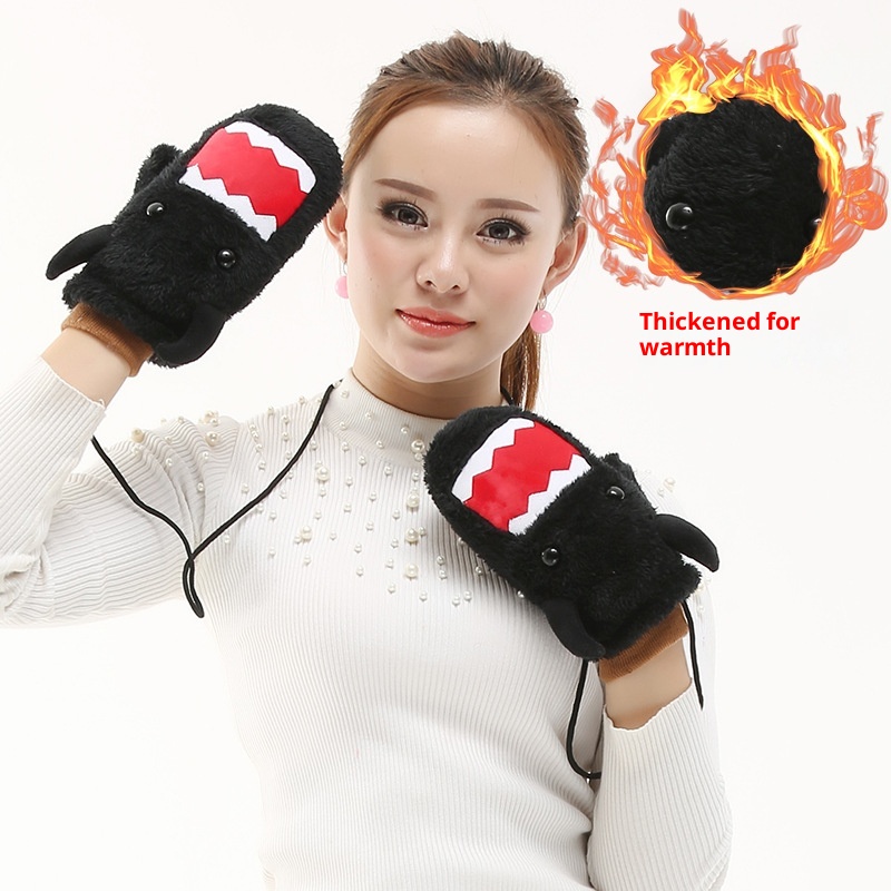 boy Boy Autumn Warm Gloves Plush Thickened Cute Neck Hanging Fashion Windproof Adult Black Student Full Finger Men Winter_voghion.com