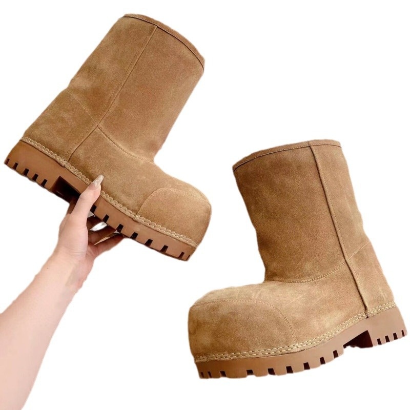 Zees Cowhide Genuine Wool Ugly Cute Big Toe Snow Couple Men And Women Thickened Warm Cotton Shoes Thick Sole Mid-Calf Ski_voghion.com