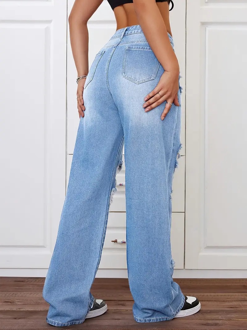 ChicShe European And American Cross-Border Trade Ripped Jeans Washed High Waist Straight Versatile Loose Denim Pants For Women_voghion.com