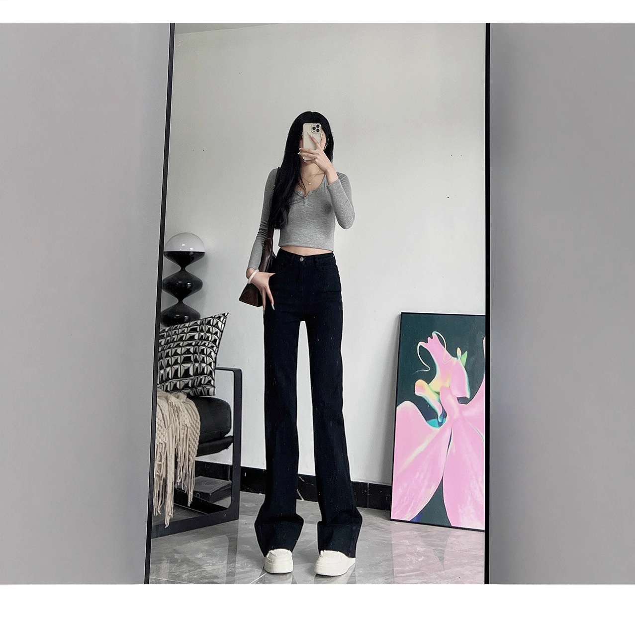 ChicShe American Style Black High Waist Slightly Stretch Washed Vintage Slimming Long Pants Retro Flared Versatile 170cm Tall_ecoleips.com