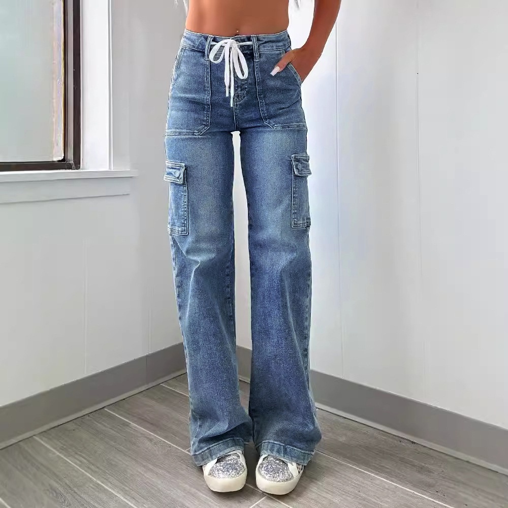 ChicShe Vendita diretta in fabbrica 2025 Nuovi jeans a gamba dritta da donna in stile americano, casual, con lacci, multitasche, funzionali, cargo_voghion.com
