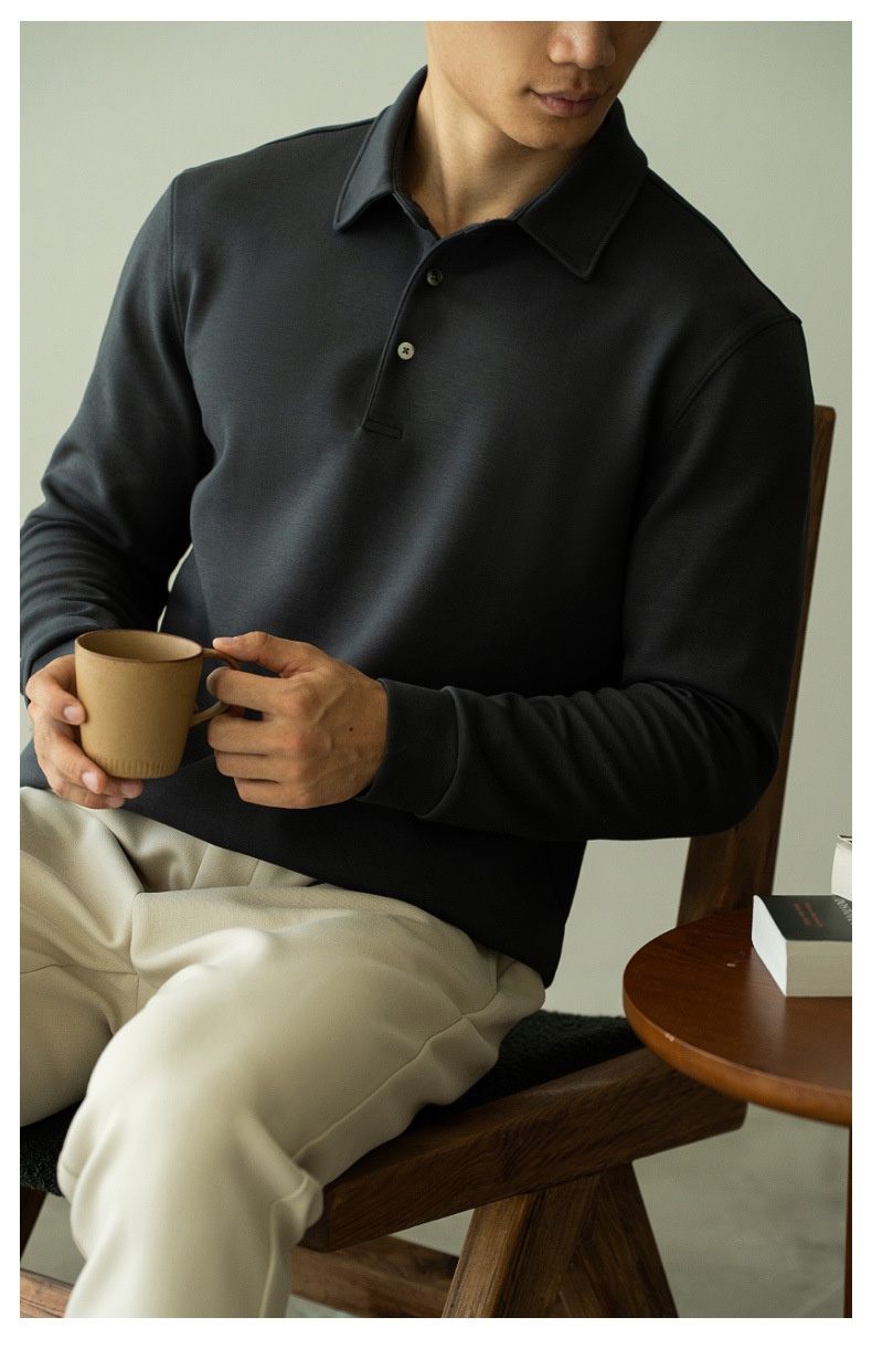 Polo da uomo a maniche lunghe con colletto rovesciato, stile business casual, stile pendolare, modello Boy, pesante, double-face, a strati d'aria, primavera 2025_voghion.com