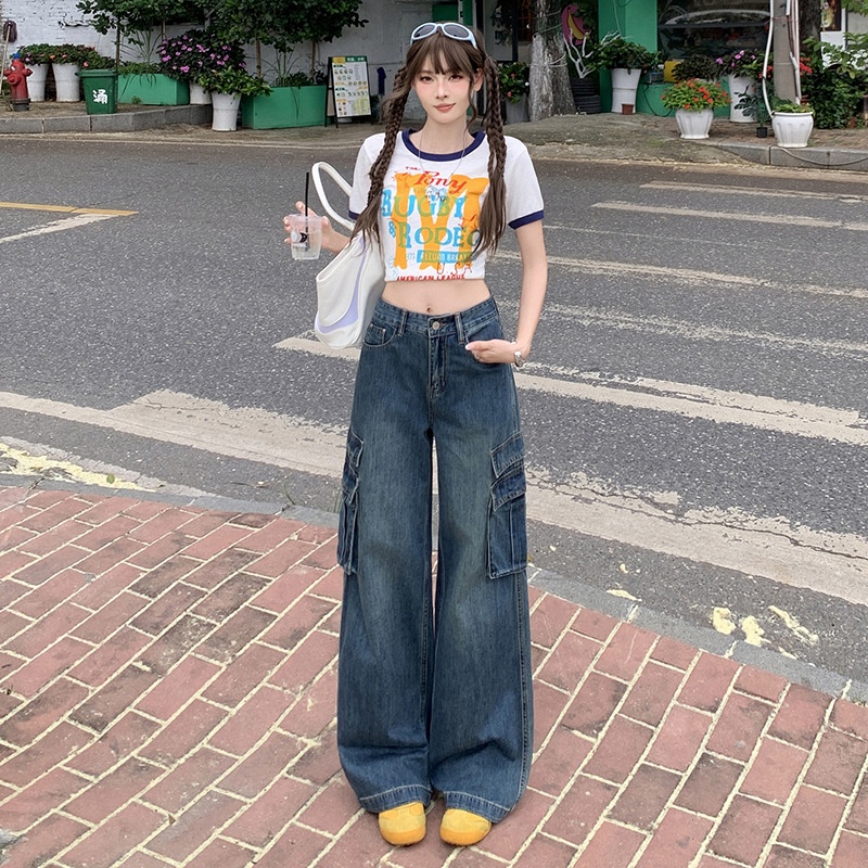 ChicShe Vintage Blue Washed Cargo Jeans For Women New American Retro High Waist Straight Wide Leg Pants_voghion.com
