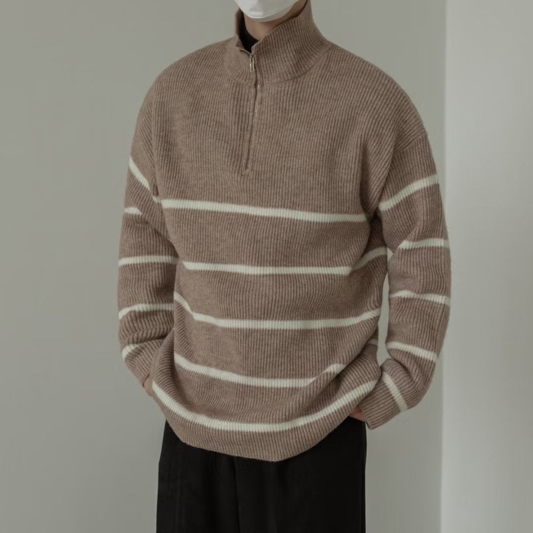 boy Boy Boy Boy Japanese Style Turn-Down Collar Sweater For Men, Autumn Korean Version, Lazy Style, Versatile Striped Pullover, Half-Zip_voghion.com