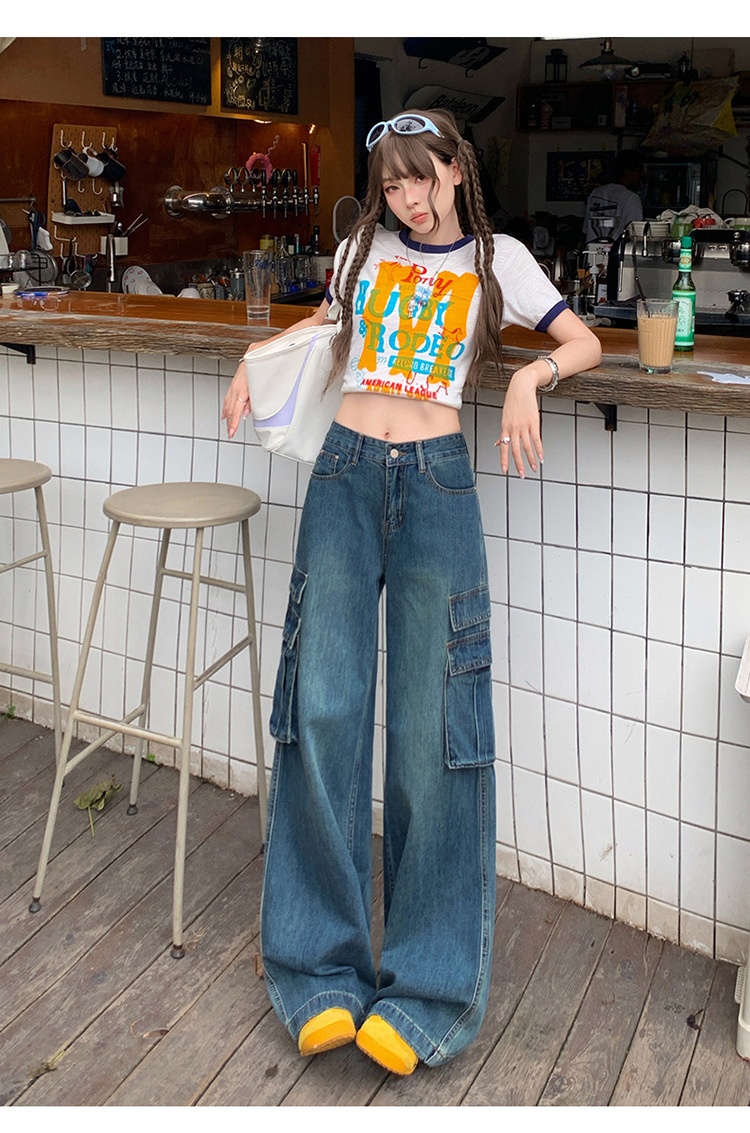 ChicShe Vintage Blue Washed Cargo Jeans For Women New American Retro High Waist Straight Wide Leg Pants_voghion.com