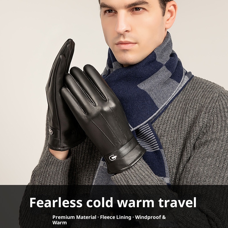 Guantes de piel auténtica Boy para hombre, ideales para invierno, cálidos, resistentes al viento, impermeables y compatibles con pantallas táctiles. Aptos para motociclismo y actividades al aire libre._voghion.com