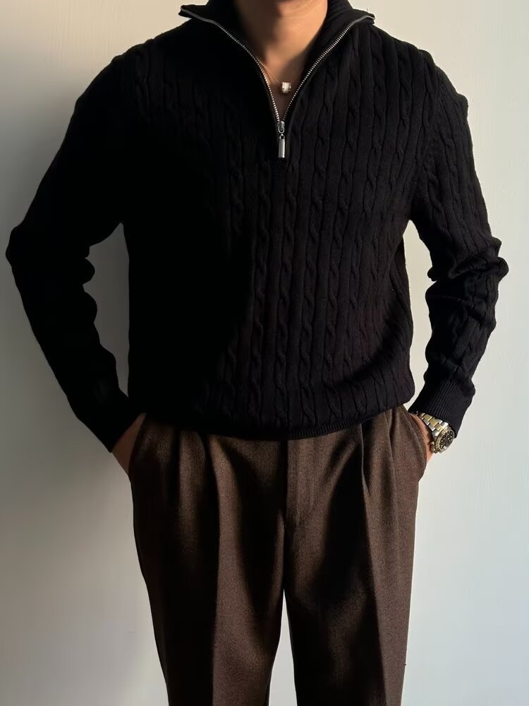 Pull demi-zip pour homme, collection automne 2024, style coréen, polyvalent, en maille épaisse à torsades, col rabattu._voghion.com