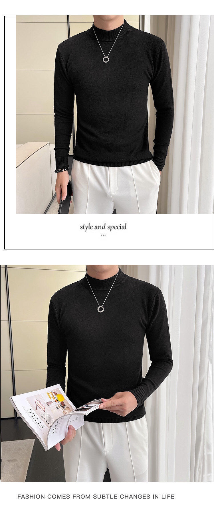 boy Boy Boy Boy Fanwo FW9922 2024 Winter Half Turtleneck High-Quality One-Piece Fleece Sweater Base Layer Slightly Wide Version Non-Iron_voghion.com