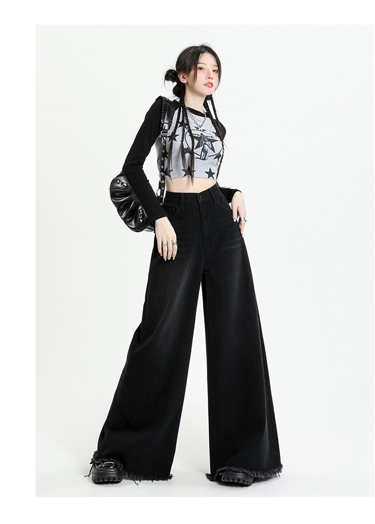 ChicShe ChicShe 2025 European American Cross-Border Street Style Black And Gray Wide-Leg Sweeping Pants Large Cuff Frayed Hem Jeans_voghion.com