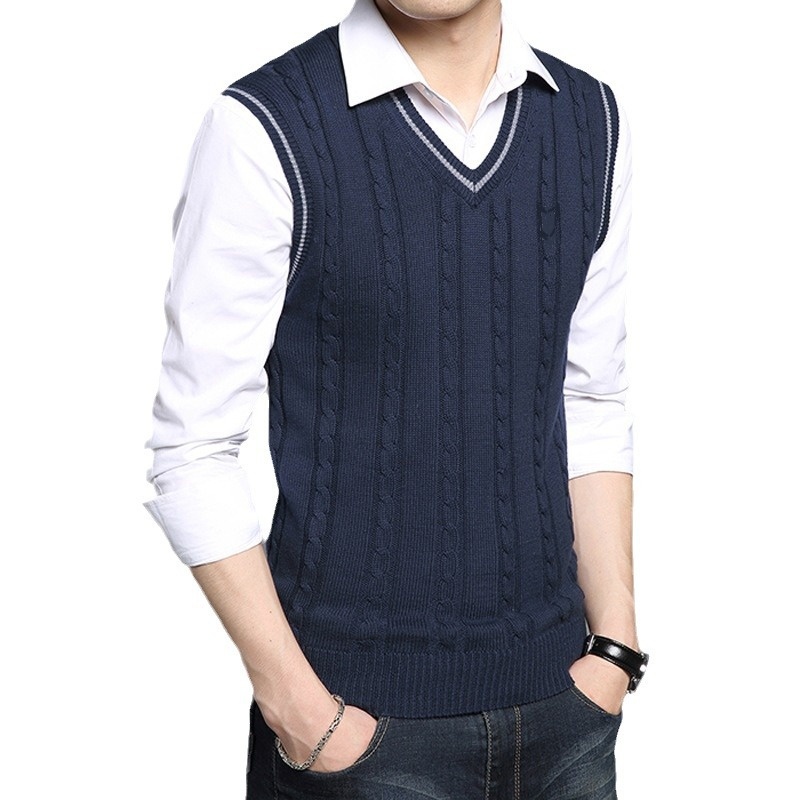 boy Boy Boy Boy Cross-Border Spring And Autumn College Style Warm Men's Slim Fit Youth Sleeveless Vest Fleece Knitted Sweater_voghion.com