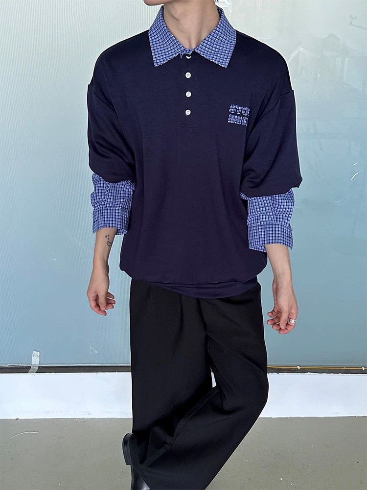 boy Boy Two-Piece American Retro Polo For Men, Spring And Autumn Style, Trendy Brand, High-End Sweatshirt, Plaid Patchwork_voghion.com