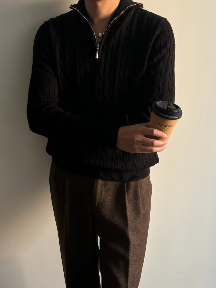 Pull demi-zip pour homme, collection automne 2024, style coréen, polyvalent, en maille épaisse à torsades, col rabattu._voghion.com