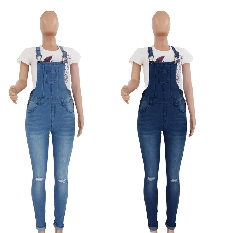 ChicShe 2023 Women's In-Stock European And American Cross-Border Distressed Washed Jeans Overalls_voghion.com