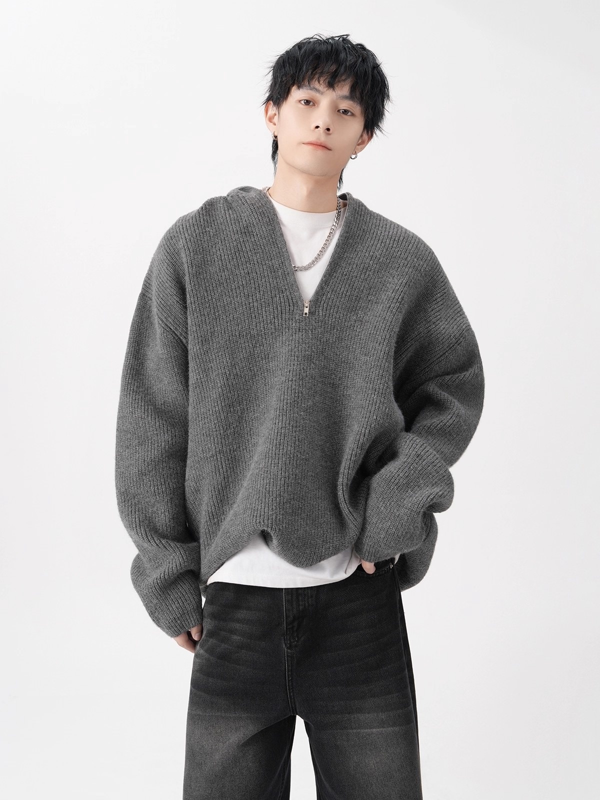 boy Boy Boy Boy Half-Zip Hooded Sweater For Men, Autumn Trendy Loose Cleanfit Knitwear, Lazy High-End Feel Couple's Jacket_voghion.com