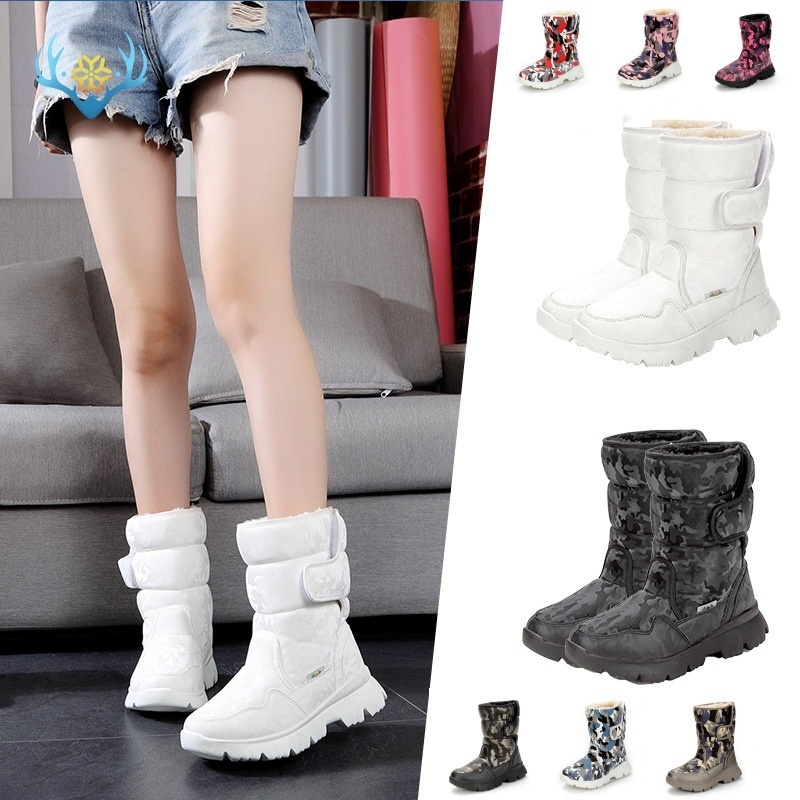 Zees Parent-Child Boys And Girls White Snow Boots Simple Camouflage Skiing Travel Thickened Waterproof Non-Slip Cross-Border_voghion.com