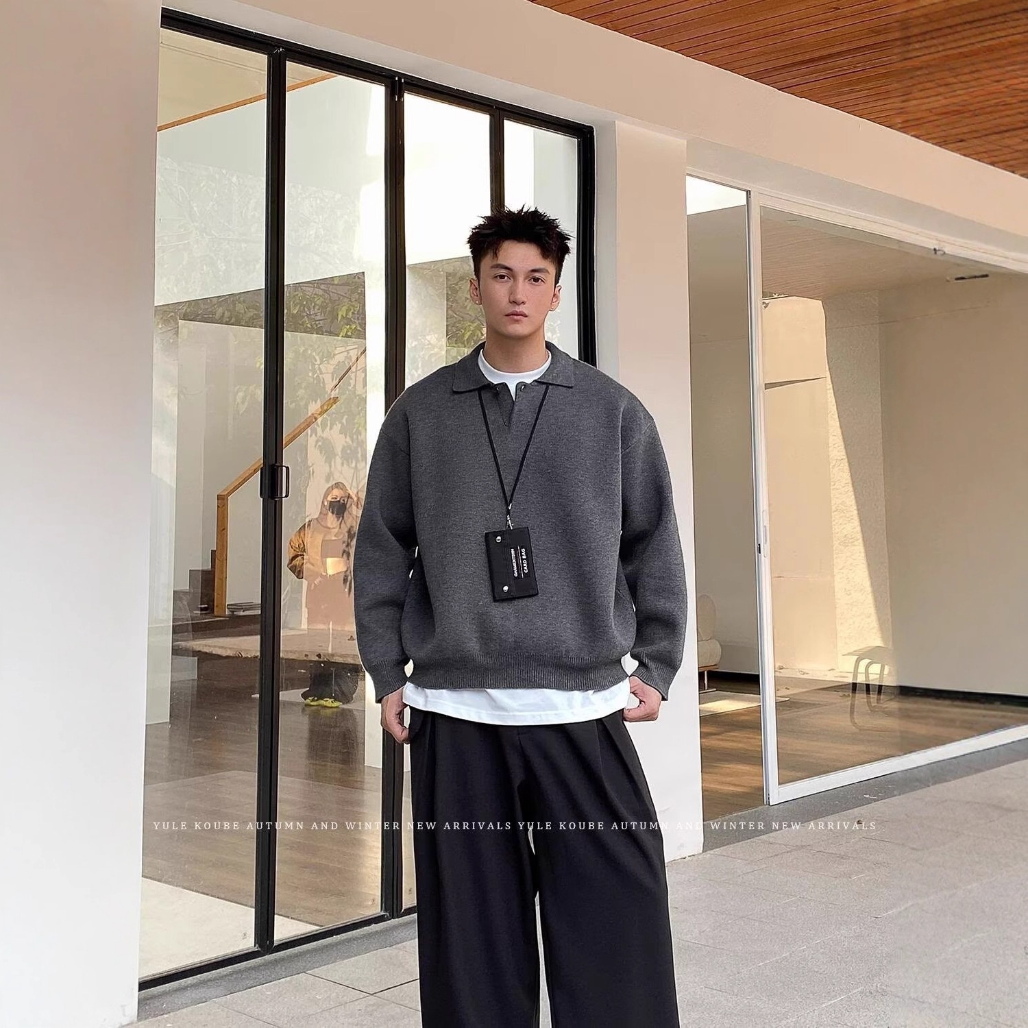 boy Boy Boy Boy Gray Polo Sweater Lazy High-End Feel Winter Heavyweight Turn-Down Collar Knitwear Men's American Cleanfit Jacket_voghion.com