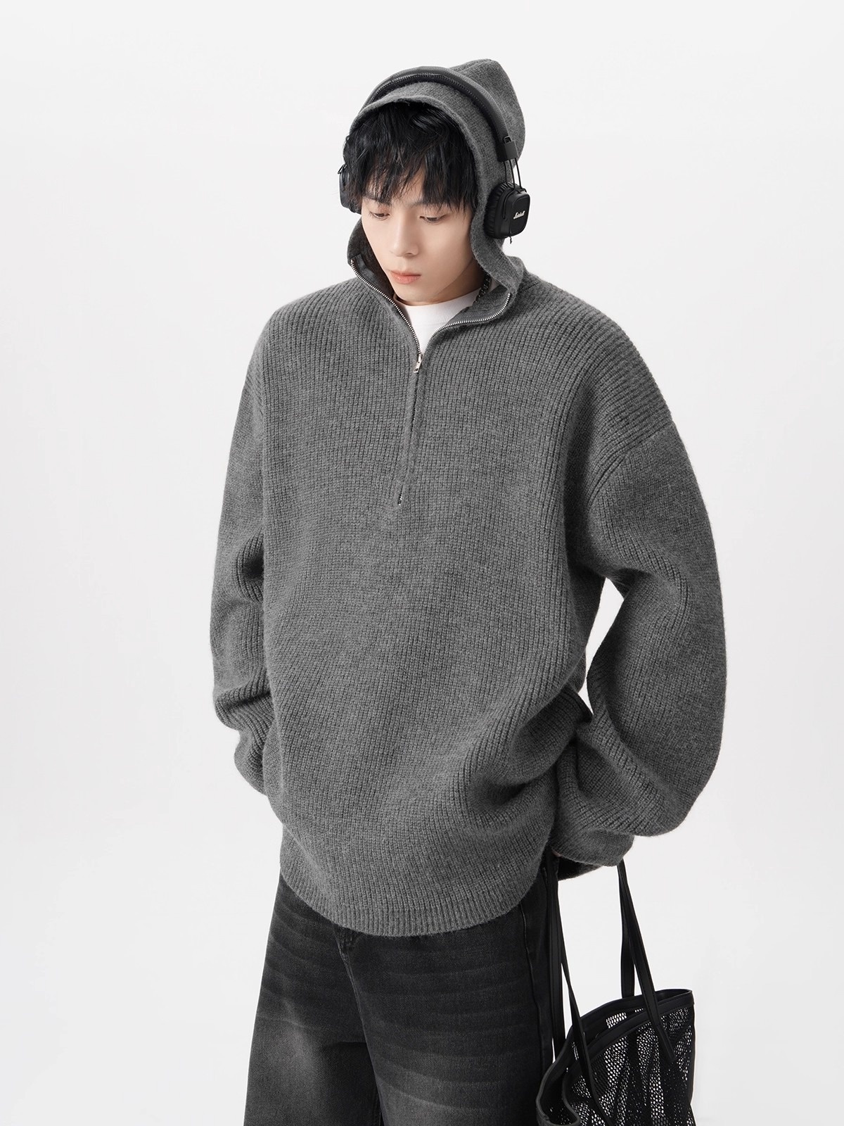 boy Boy Boy Boy Half-Zip Hooded Sweater For Men, Autumn Trendy Loose Cleanfit Knitwear, Lazy High-End Feel Couple's Jacket_voghion.com