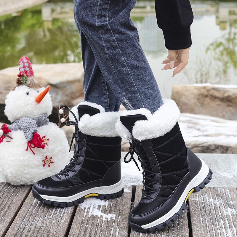 Zees 2025 Damen-Winterskischuhe, warm mit Fleece gefüttert, hohe Schnürschuhe aus Baumwolle, rutschfeste Wanderschuhe_voghion.com