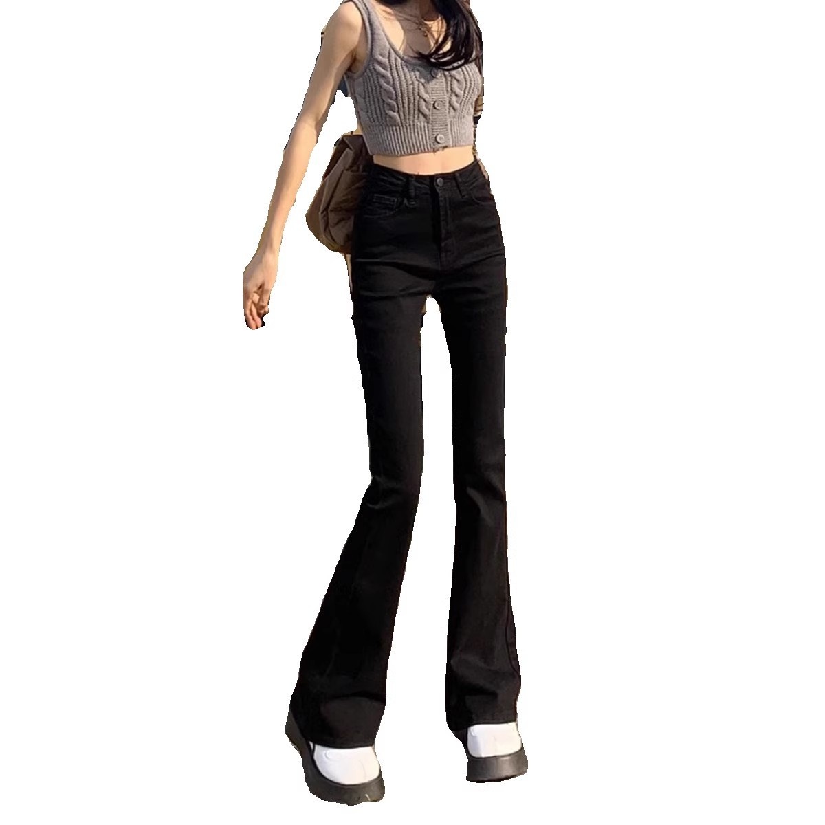 ChicShe Black High-Waisted Slimming Flared Jeans For Women, Spring And Autumn 2024 New Stretch Petite Cropped Bootcut Pants_voghion.com