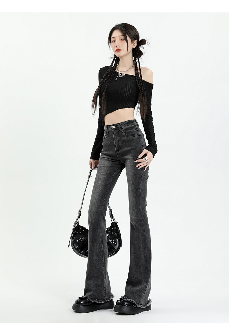 ChicShe Gray Jeans Women, Autumn High Waist Slimming Bootcut Pants, Petite Elastic Frayed Flared Trousers For Fall And Winter_voghion.com