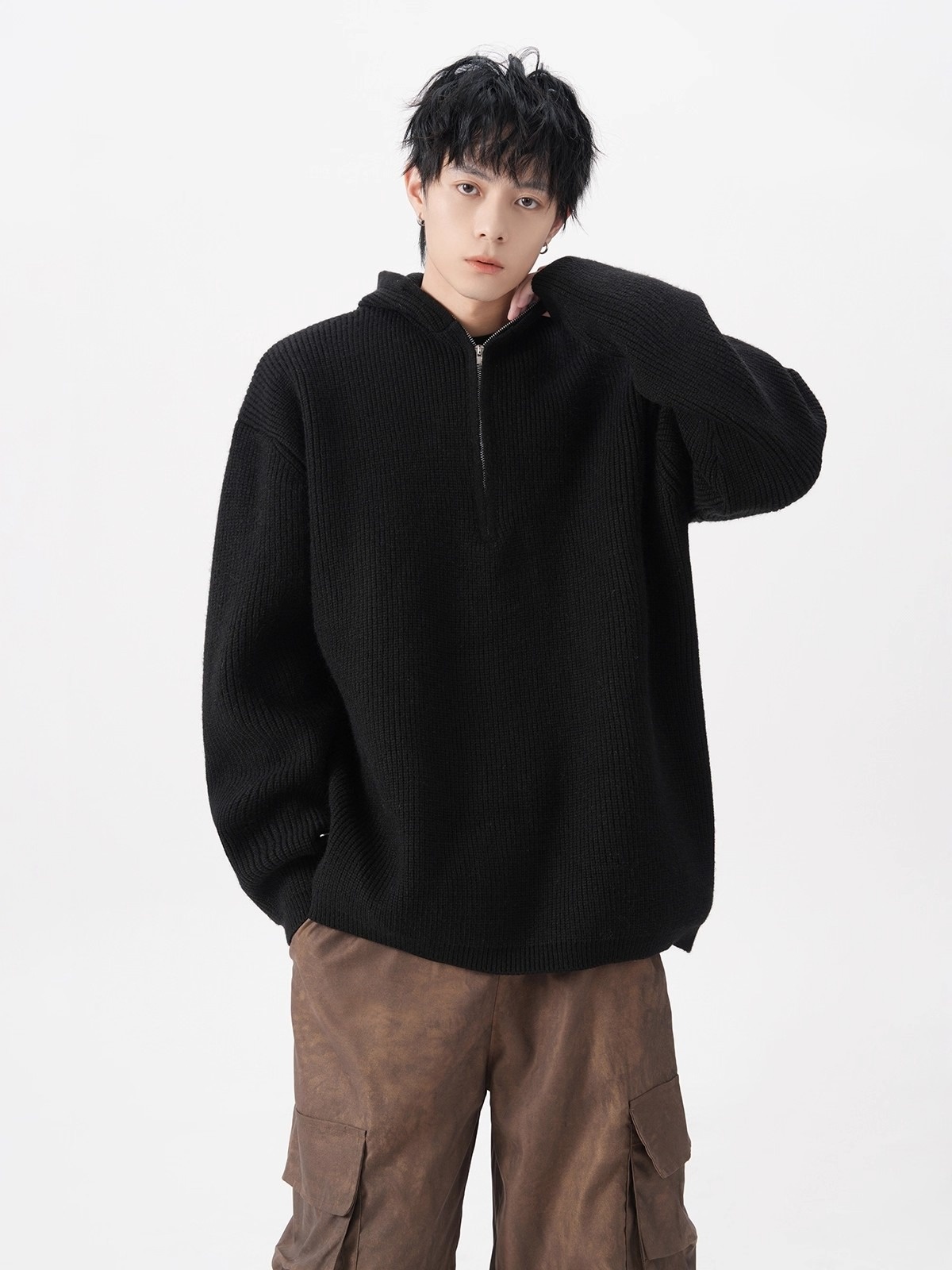 boy Boy Boy Boy Half-Zip Hooded Sweater For Men, Autumn Trendy Loose Cleanfit Knitwear, Lazy High-End Feel Couple's Jacket_voghion.com