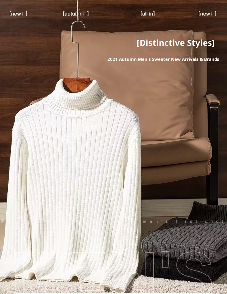 Pull à col roulé en maille torsadée unie pour homme, col rabattu, style tendance et ajusté, en maille épaisse._voghion.com