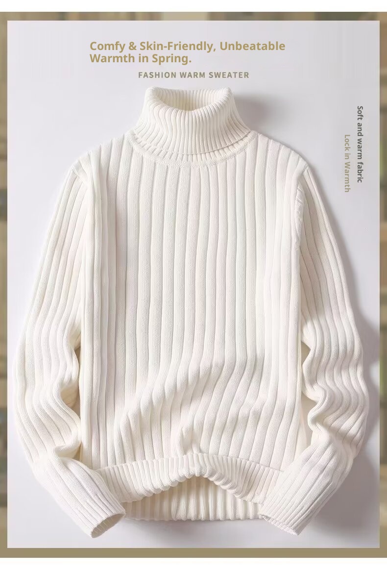 Pull à col roulé en maille torsadée unie pour homme, col rabattu, style tendance et ajusté, en maille épaisse._voghion.com