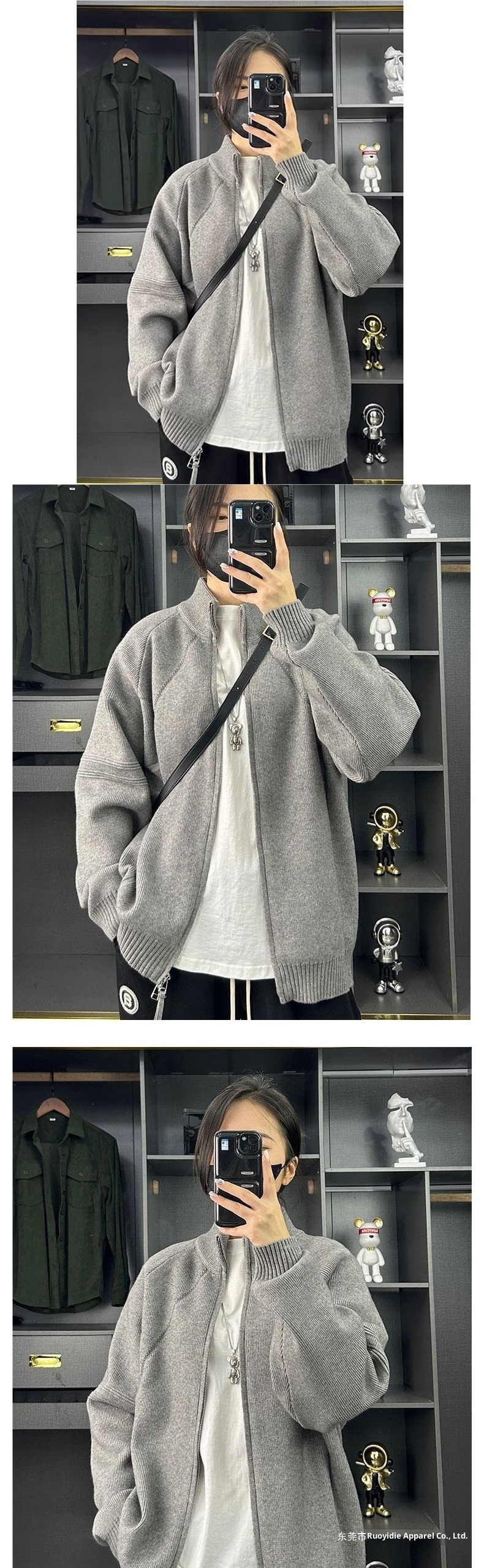 Jungen-Cardigan, grauer Stehkragenpullover, Herren-Herbst-Winter-Style, amerikanische Trendmarke, College-Stil, coole Strickjacke_voghion.com