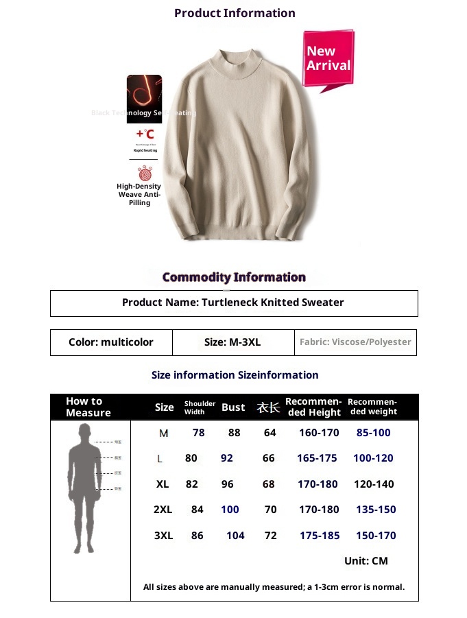 boy Boy Boy Boy Half Turtleneck Sweater For Men, Fleece-Lined Thickened, Autumn And Winter, Mid-Neck, Solid Color, Student Base Layer,_voghion.com