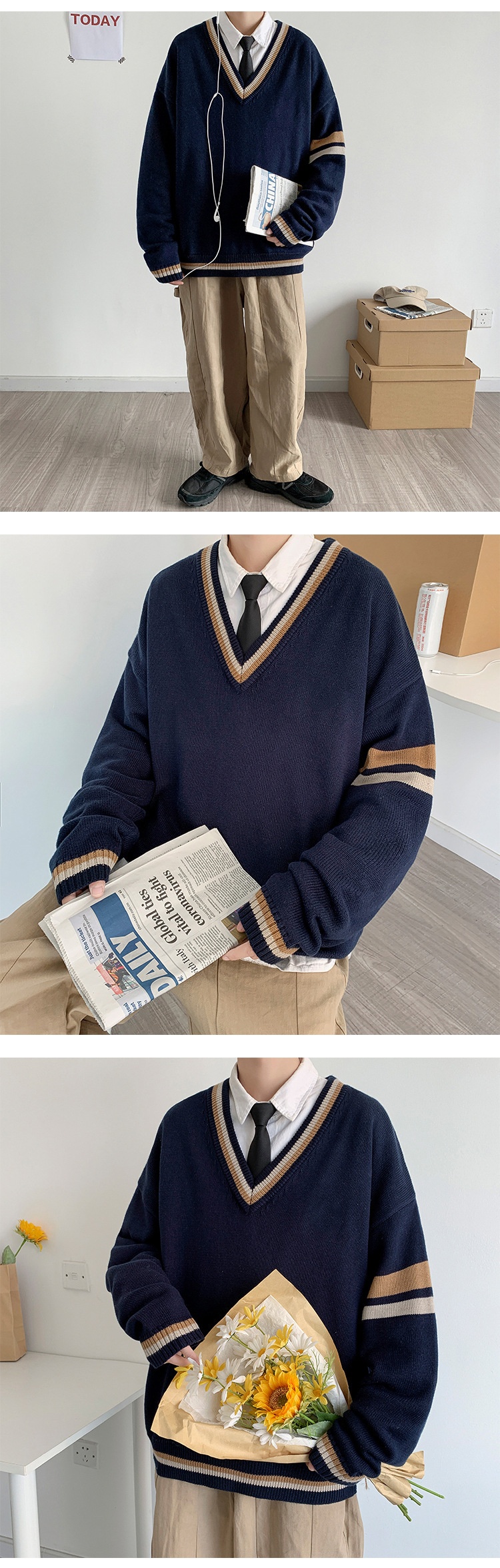 boy Boy Boy Boy Autumn Winter Sweater Men V-Neck Japanese Retro Loose Korean Style Pullover Casual Trendy Brand BF Color Block Knitwear_voghion.com