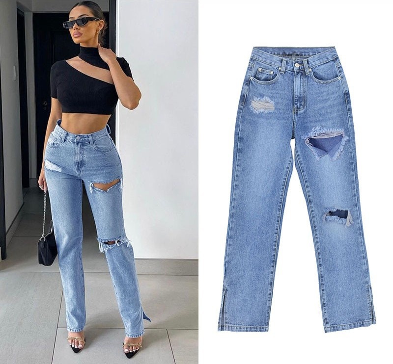 ChicShe European American Women's Fashion High Waist Slimming Straight Leg Jeans Floor-Length With Ripped Cuffs And Slit Hem_voghion.com