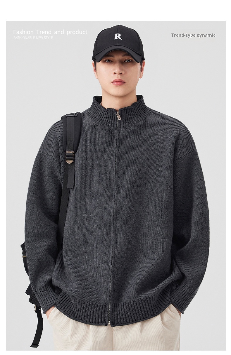 boy Boy Boy Boy Japanese Style Solid Color Heavyweight Zipper Cardigan Knitwear Versatile Casual Autumn Winter Light Sweater_voghion.com