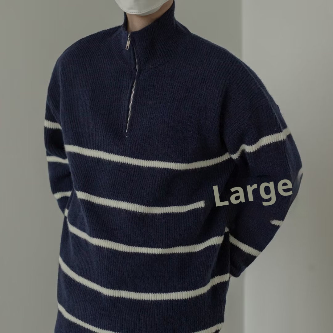 boy Boy Boy Boy Japanese Style Turn-Down Collar Sweater For Men, Autumn Korean Version, Lazy Style, Versatile Striped Pullover, Half-Zip_voghion.com