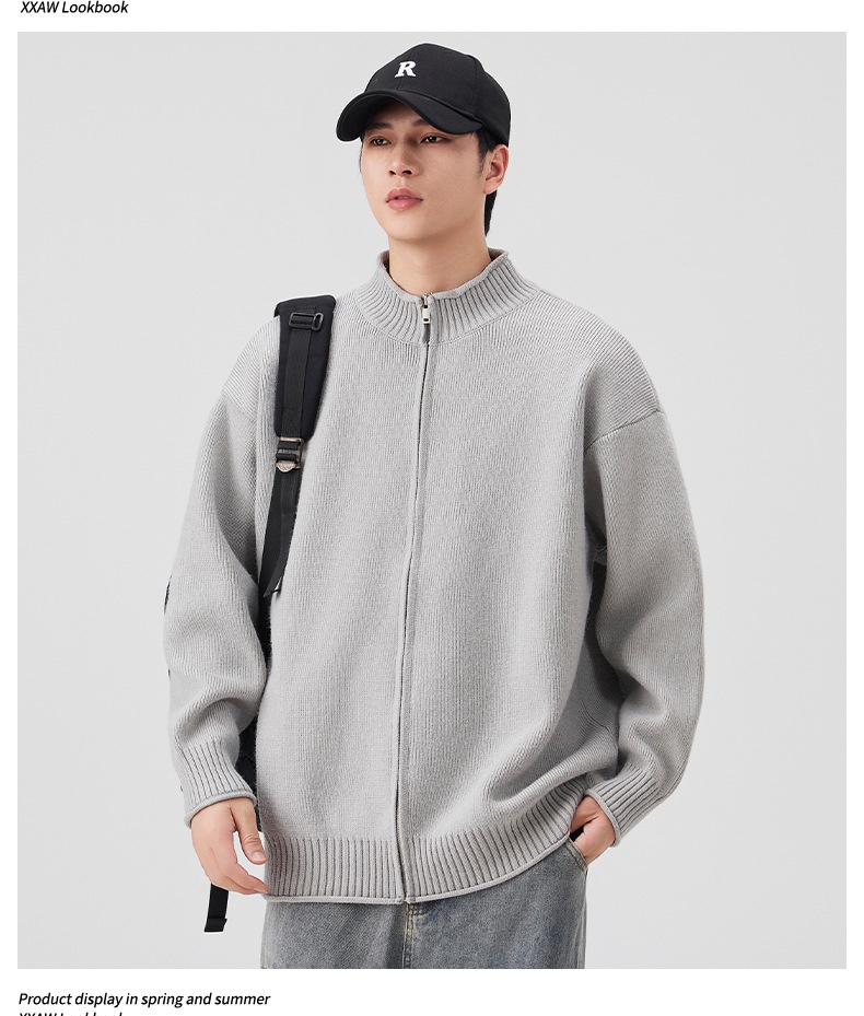 boy Boy Boy Boy Japanese Style Solid Color Heavyweight Zipper Cardigan Knitwear Versatile Casual Autumn Winter Light Sweater_voghion.com