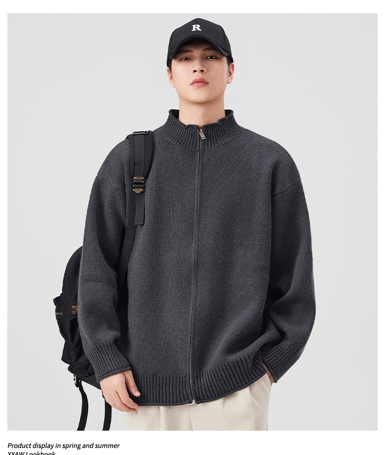 boy Boy Boy Boy Japanese Style Solid Color Heavyweight Zipper Cardigan Knitwear Versatile Casual Autumn Winter Light Sweater_voghion.com