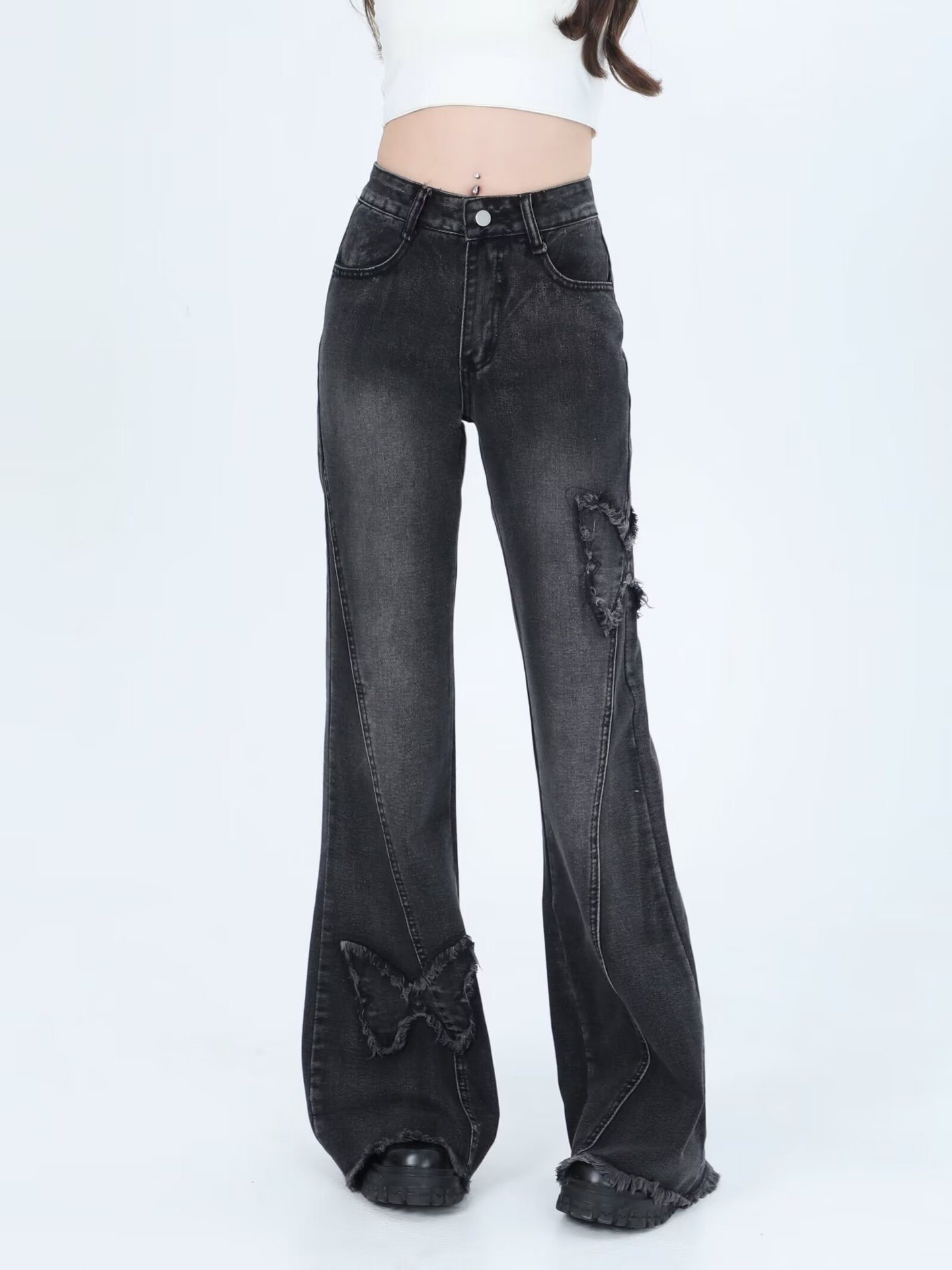 Jean évasé ChicShe Plus style américain tendance, broderie papillon, pour femme, été, grandes tailles, pantalon amincissant à jambes larges_voghion.com