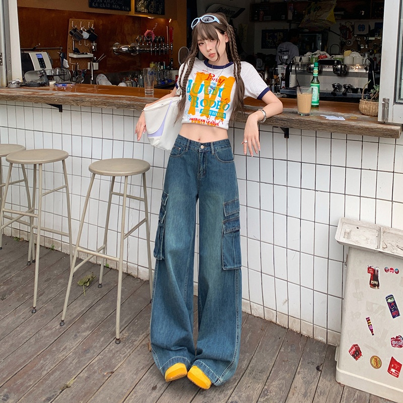 ChicShe Vintage Blue Washed Cargo Jeans For Women New American Retro High Waist Straight Wide Leg Pants_voghion.com