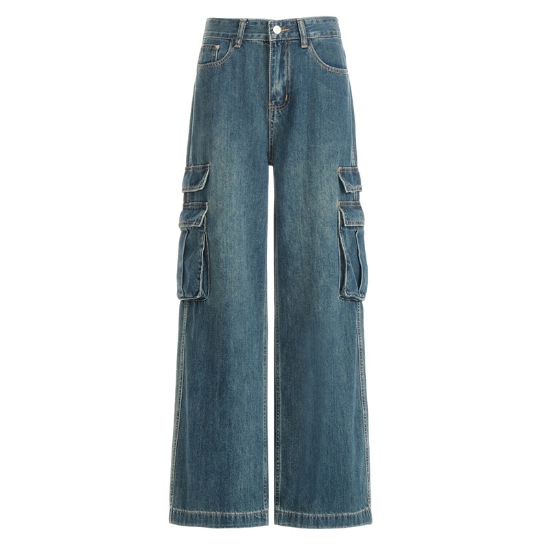 ChicShe Vintage Blue Washed Cargo Jeans For Women New American Retro High Waist Straight Wide Leg Pants_voghion.com