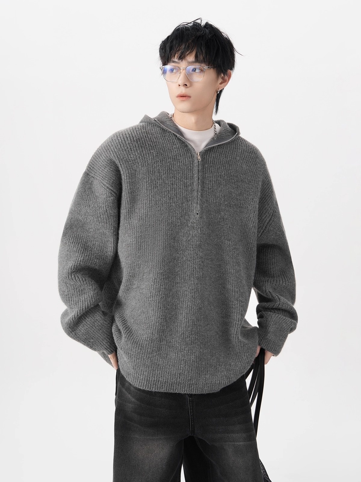 boy Boy Boy Boy Half-Zip Hooded Sweater For Men, Autumn Trendy Loose Cleanfit Knitwear, Lazy High-End Feel Couple's Jacket_voghion.com