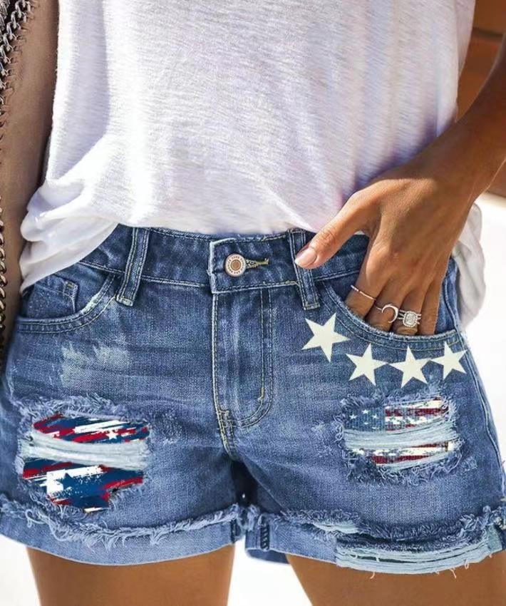 ChicShe European And American Foreign Trade Printed Ripped Cuffed Denim Shorts For Women_voghion.com