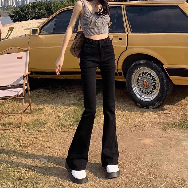 ChicShe Black High-Waisted Slimming Flared Jeans For Women, Spring And Autumn 2024 New Stretch Petite Cropped Bootcut Pants_voghion.com
