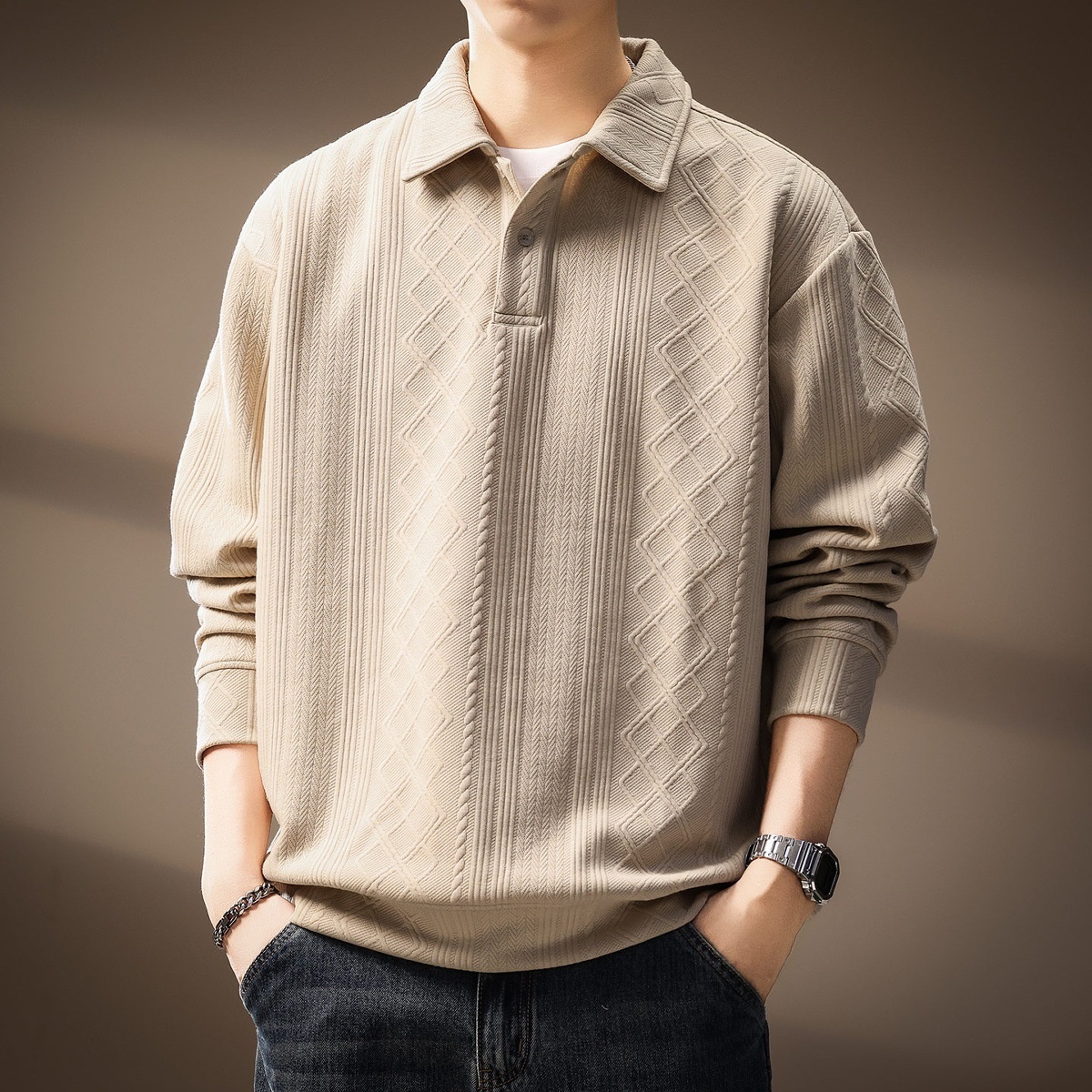 boy Boy High-Ed Frech Style Diamod Patter Jacquard Log-Sleeve Kit Sweater Me, Autum Textured Loose Fit Polo Shirt For_voghion.com