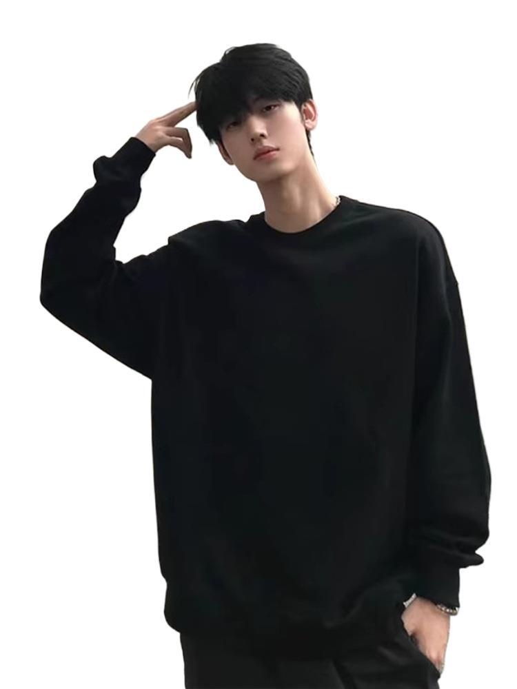 Schwarzes Herren-Sweatshirt im amerikanischen Stil, Herbst/Winter, Fleece, Cleanfit, schweres Langarmshirt aus reiner Baumwolle_voghion.com