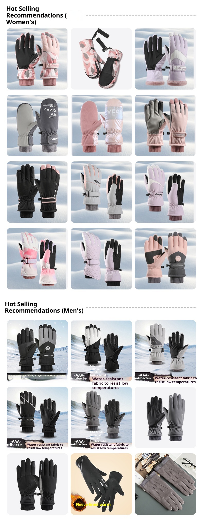 Guanti da sci caldi per uomo e donna, stile identico per coppie, resistenti all'acqua, foderati in pile, spessi, touchscreen_voghion.com