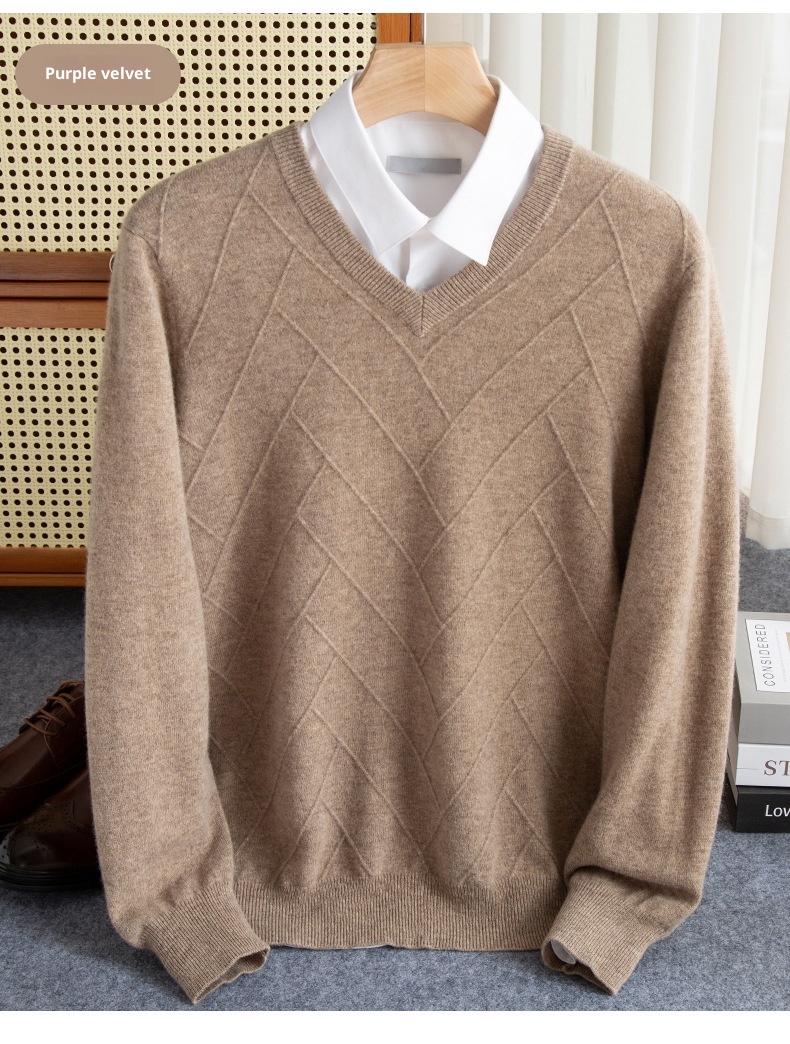 Maglione spesso da uomo in pura lana con scollo a V, autunno inverno 2024, nuovo modello casual da lavoro, con scollo a cuore_voghion.com